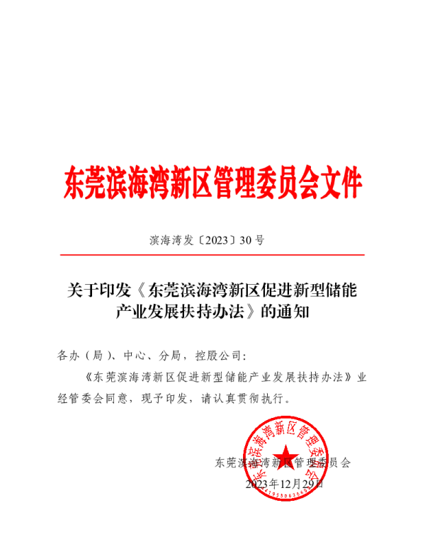东莞滨海湾新区促进新型储能产业发展扶持办法
