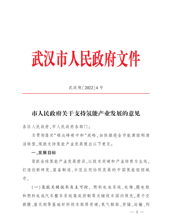 武汉市人民政府关于支持氢能产业发展的意见