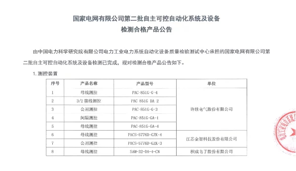 国家电网有限公司第二批自主可控自动化系统及设备检测合格产品公告