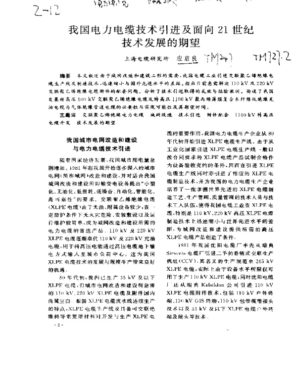 我国电力电缆技术引进及面向21世纪技术发展的期望
