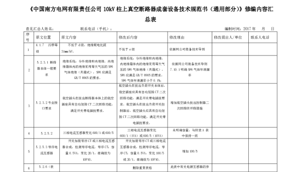 《10kV柱上真空断路器成套设备技术规范书（通用部分）》修编内容汇总表