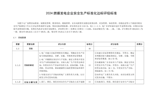 2024燃煤发电企业安全生产标准化达标评级标准