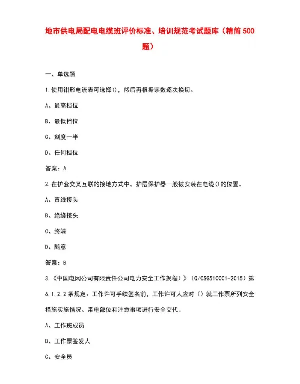 地市供电局配电电缆班评价标准、培训规范考试题库（精简500题）