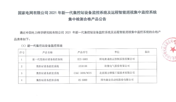 国家电网有限公司2021年新一代集控站设备监控系统及远程智能巡视集中监控系统集中检测合格产品公告