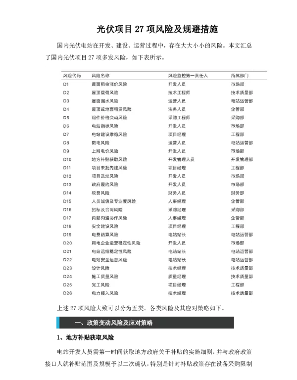 光伏项目27项风险及规避措施