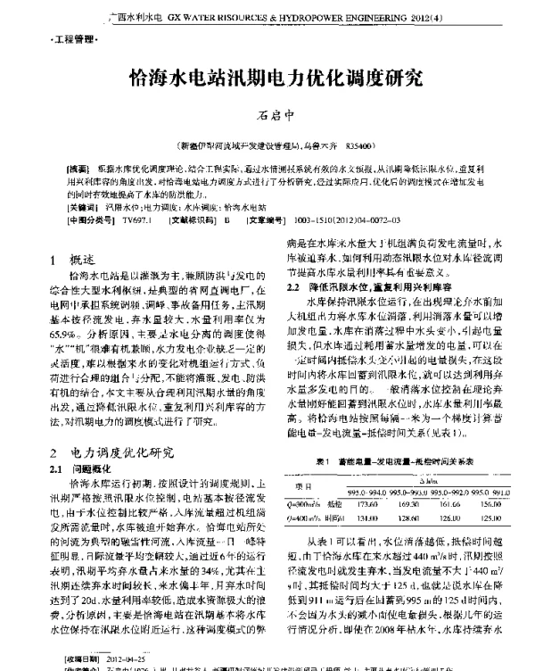 恰海水电站汛期电力优化调度研究