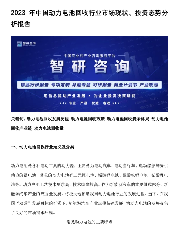 2023年中国动力电池回收行业市场现状、投资态势分析报告