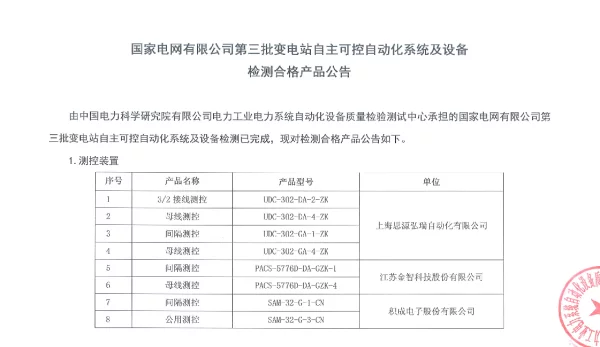 国家电网有限公司第三批变电站自主可控自动化系统及设备检测合格产品公告