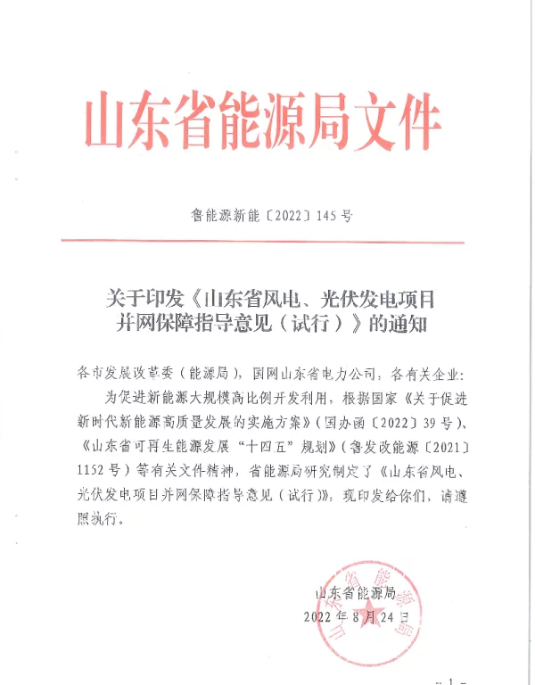 山东省风电、光伏发电项目并网保障指导意见（试行）