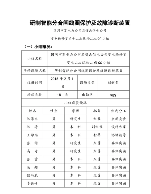 研制智能分合闸线圈保护及故障诊断装置--国网宁夏电力公司石嘴山供电公司变电检修室变电二次运检二班QC小组
