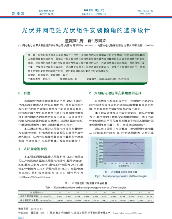光伏并网电站光伏组件安装倾角的选择设计_董霞威
