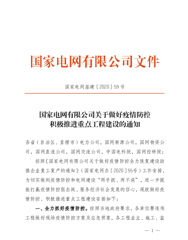 国家电网基建〔2020〕59号　国家电网有限公司关于做好疫情防控积极推进重点工程建设的通知