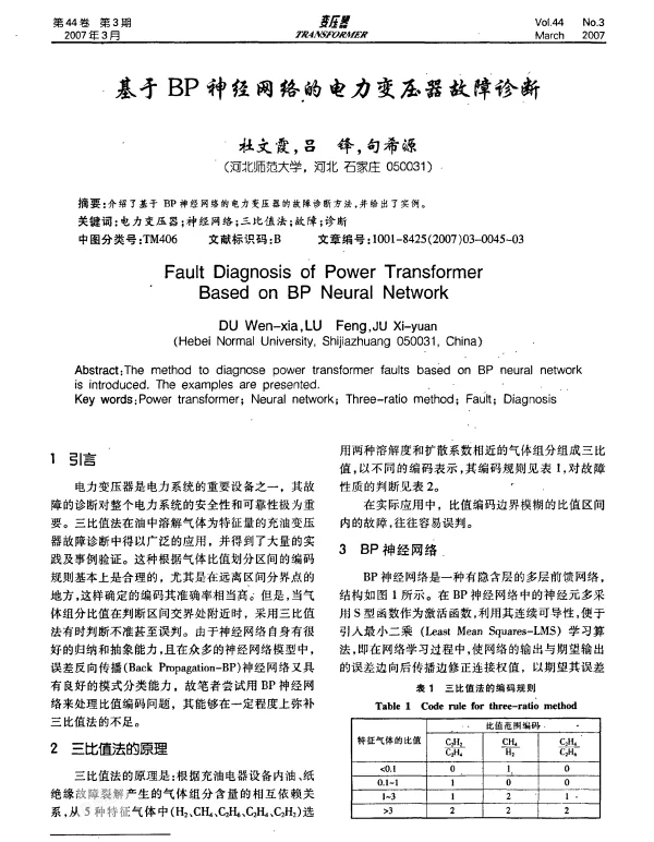 基于BP神径网络砷电力变瓜器故障诊断