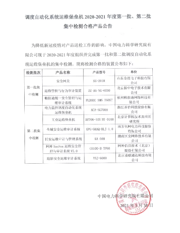 调度自动化系统运维堡垒机2020-2021年度第一批、第二批集中检测合格产品公告
