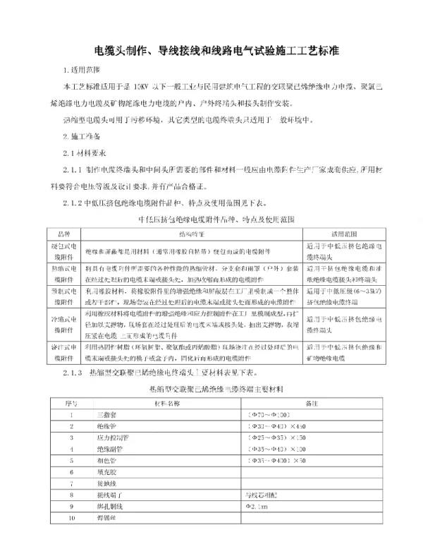 电缆头制作、导线接线和线路电气试验施工工艺标准