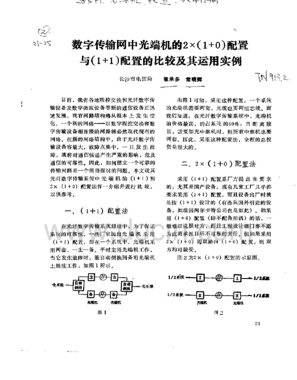 数字传输网中光端机的2＊（1＋0）配置与（1＋1）配置的比较