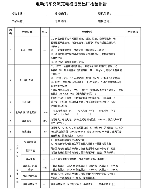 电动汽车交流充电桩成品出厂检验报告