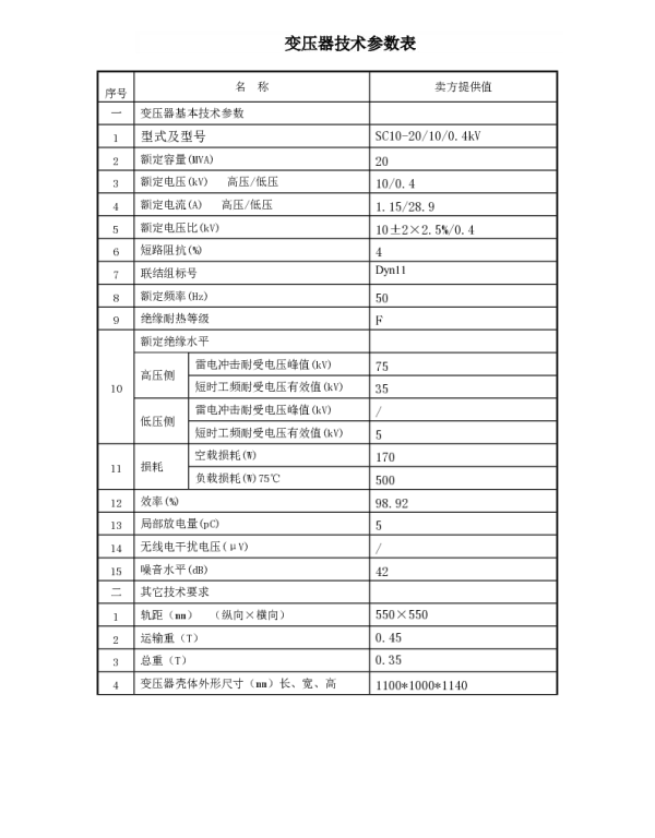 10KV干式变压器参数表