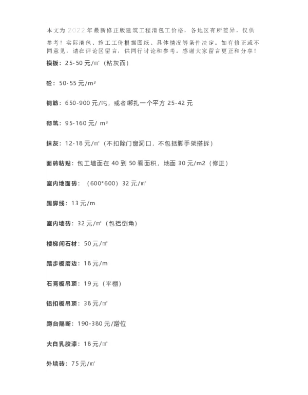 2022年建筑清包工价格（仅供参考）