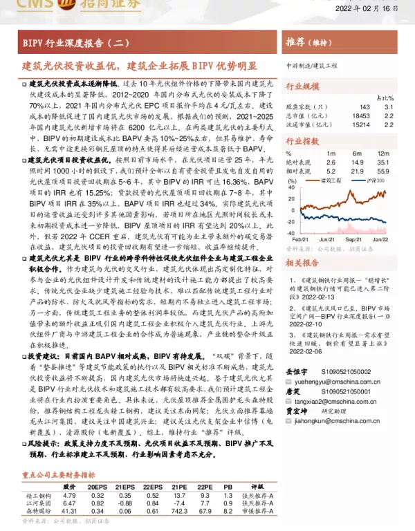 BIPV行业深度报告：建筑光伏投资收益优，建筑企业拓展BIPV优势明显-20220216