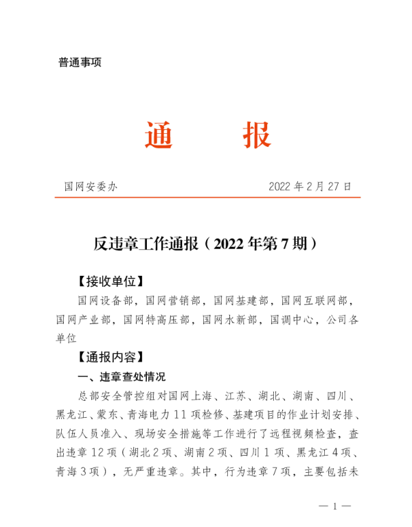 国网反违章工作通报违章问题（2022年第7期）