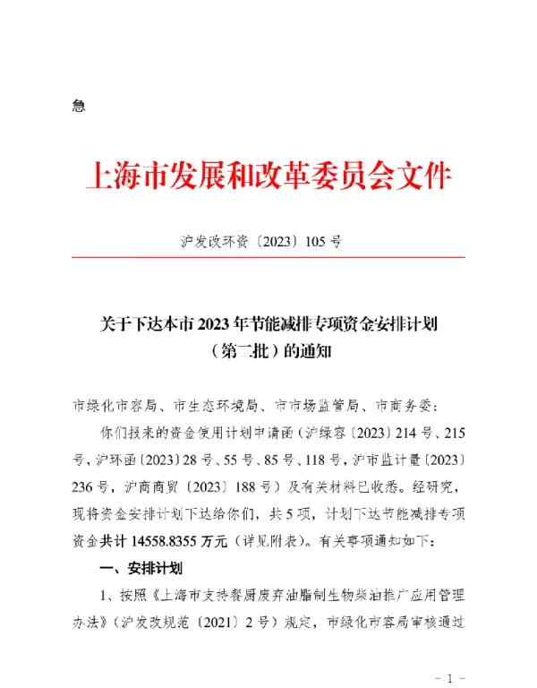 上海市2023年节能减排专项资金安排计划（第二批）