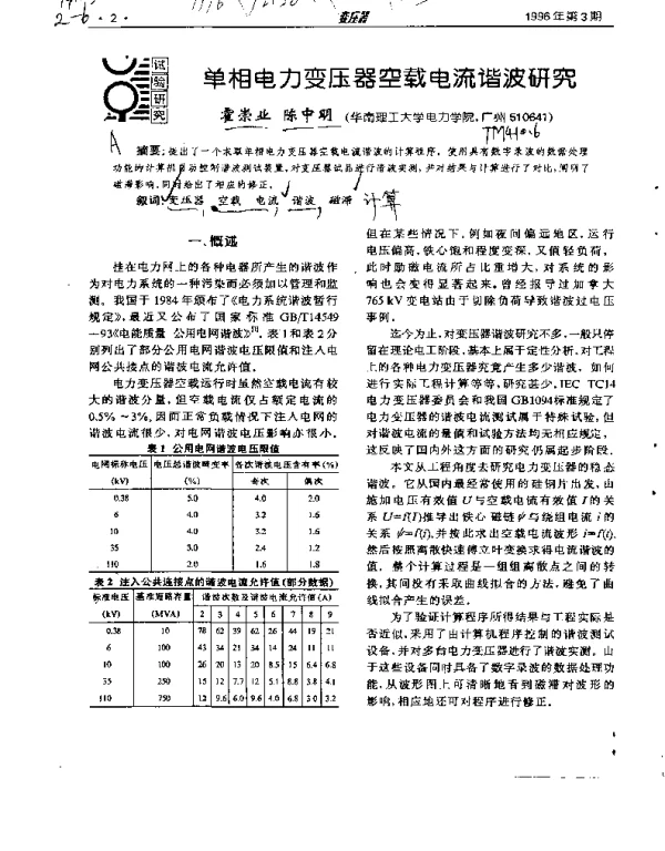 单相电力变压器空载电流谐波研究