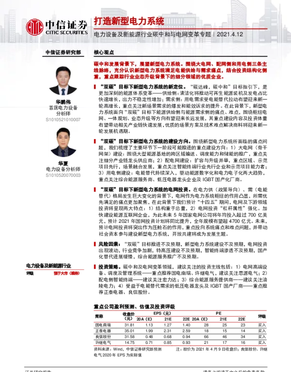 电力设备及新能源行业碳中和与电网变革专题：打造新型电力系统（19页）